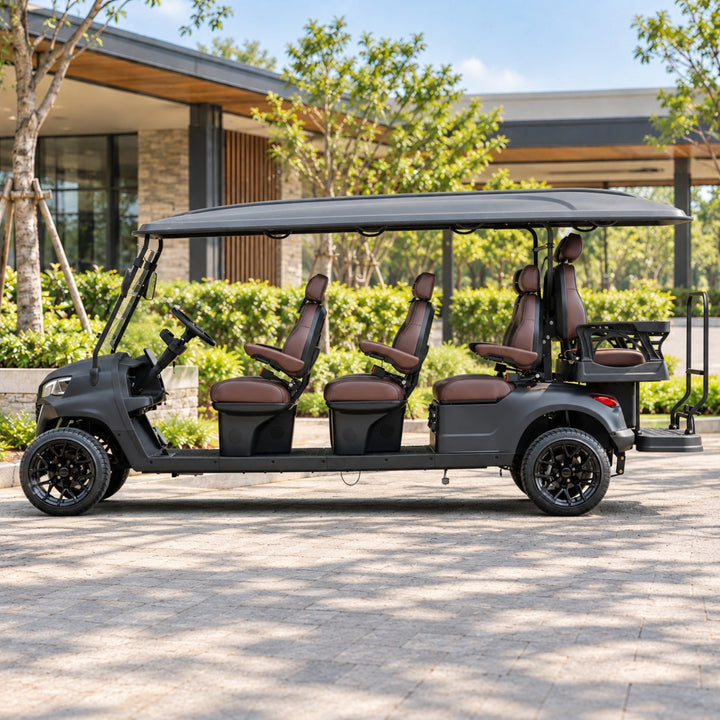 Black Grey 8 Seater Golf Cart With Dark Brown Seats - 206ah Extended Range Golf Cart LSV