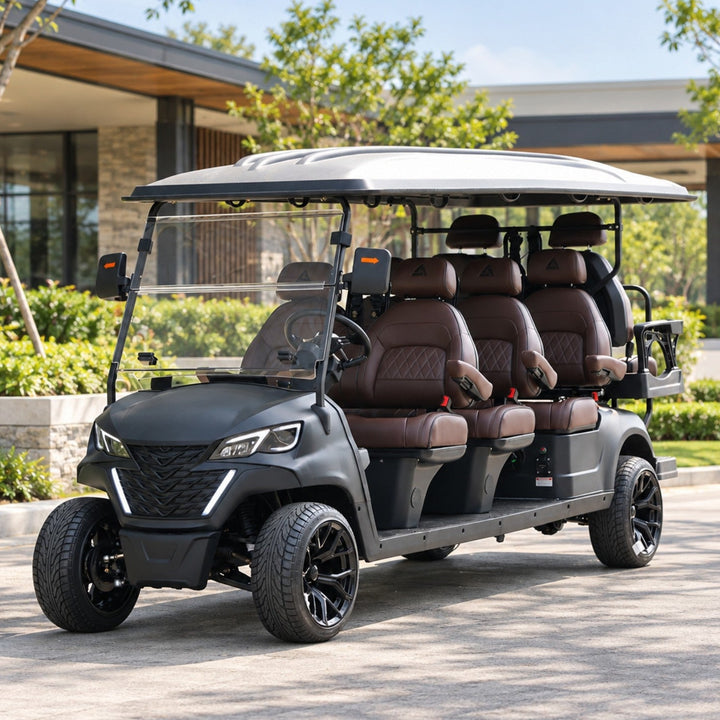 Black Grey 8 Seater Golf Cart With Dark Brown Seats - 206ah Extended Range Golf Cart LSV