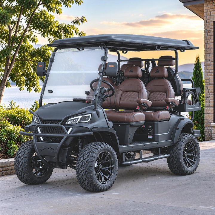 Black Grey 6 Seater Golf Cart With Dark Brown Seats - 206ah Extended Range Golf Cart LSV