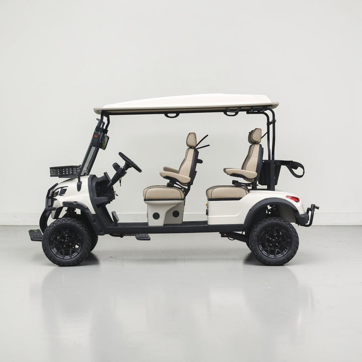 Oyster White 4 Forward Golf Cart With Beige Seats - 206ah Extended Range Golf Cart LSV Lifted