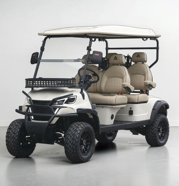 Oyster White 4 Forward Golf Cart With Beige Seats - 206ah Extended Range Golf Cart LSV Lifted