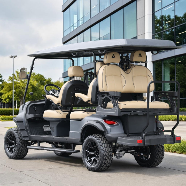 Matte Black grey 6 Seater With Beige Seats - 206ah Extended Range Lifted Golf Cart