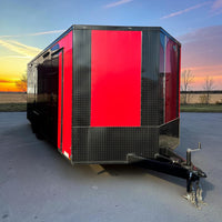 20ft Red Enclosed Trailer with Blackout Pkg, Cabinets, Finished Interior, A/C and Heat Strip – Premium Race Trailer
