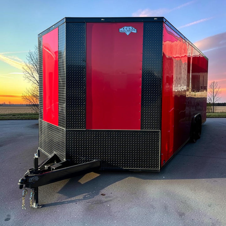 20ft Red Enclosed Trailer with Blackout Pkg, Cabinets, Finished Interior, A/C and Heat Strip – Premium Race Trailer