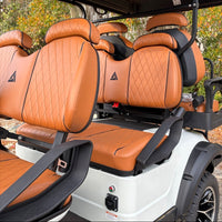 Brown leather seats on a golf cart with a white frame, surrounded by trees.