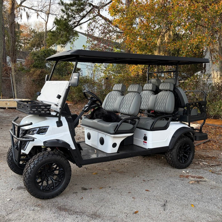White 6 Seater 72v Lithium Golf Cart with Gray Seats