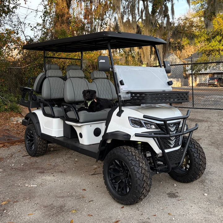 White 6 Seater 72v Lithium Golf Cart with Gray Seats