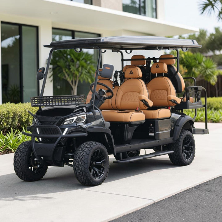 Jet Black 6 Seater Golf Cart With Saddle Seats - 206ah Extended Range Golf Cart LSV