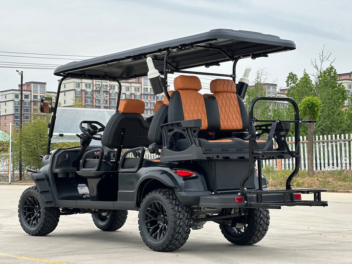 Matte Black 6 Seater Golf Cart w/ Black & Brown Seats - 72v Lithium