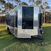18ft Enclosed Trailer Custom, 8.5 x 18 Black with Chrome ATP with Coin Flooring, Finished Interior, Overhead Cabinet, A/C and Heat strip, and Aluminum Mags