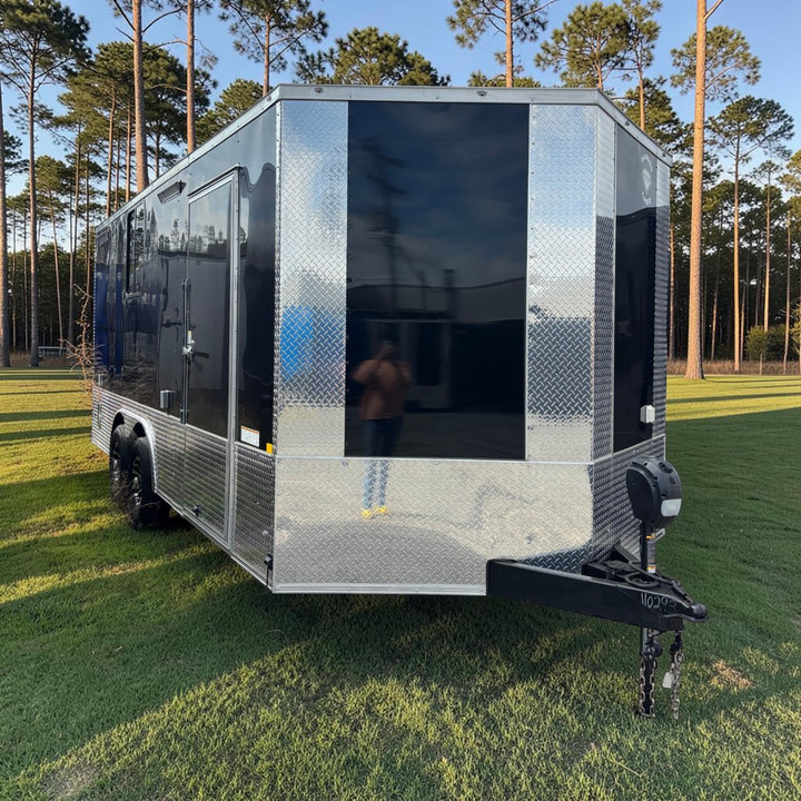 18ft Enclosed Trailer Custom, 8.5 x 18 Black with Chrome ATP with Coin Flooring, Finished Interior, Overhead Cabinet, A/C and Heat strip, and Aluminum Mags