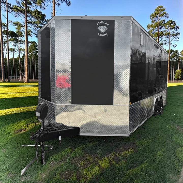 18ft Enclosed Trailer Custom, 8.5 x 18 Black with Chrome ATP with Coin Flooring, Finished Interior, Overhead Cabinet, A/C and Heat strip, and Aluminum Mags
