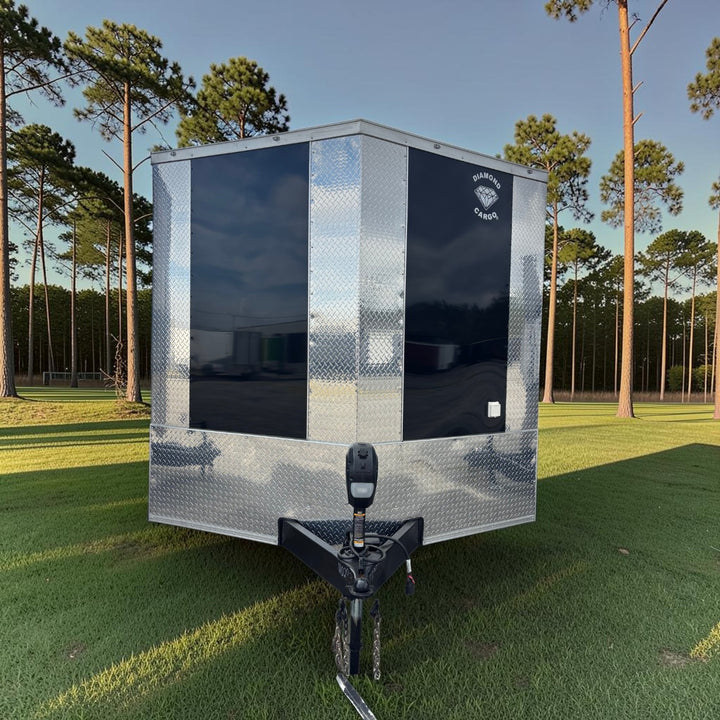 18ft Enclosed Trailer Custom, 8.5 x 18 Black with Chrome ATP with Coin Flooring, Finished Interior, Overhead Cabinet, A/C and Heat strip, and Aluminum Mags
