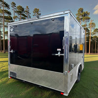 18ft Enclosed Trailer Custom, 8.5 x 18 Black with Chrome ATP with Coin Flooring, Finished Interior, Overhead Cabinet, A/C and Heat strip, and Aluminum Mags