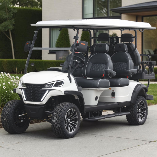 White 6 Seater Golf Cart With Dark Grey Seats - 206ah Extended Range Golf Cart LSV Lifted