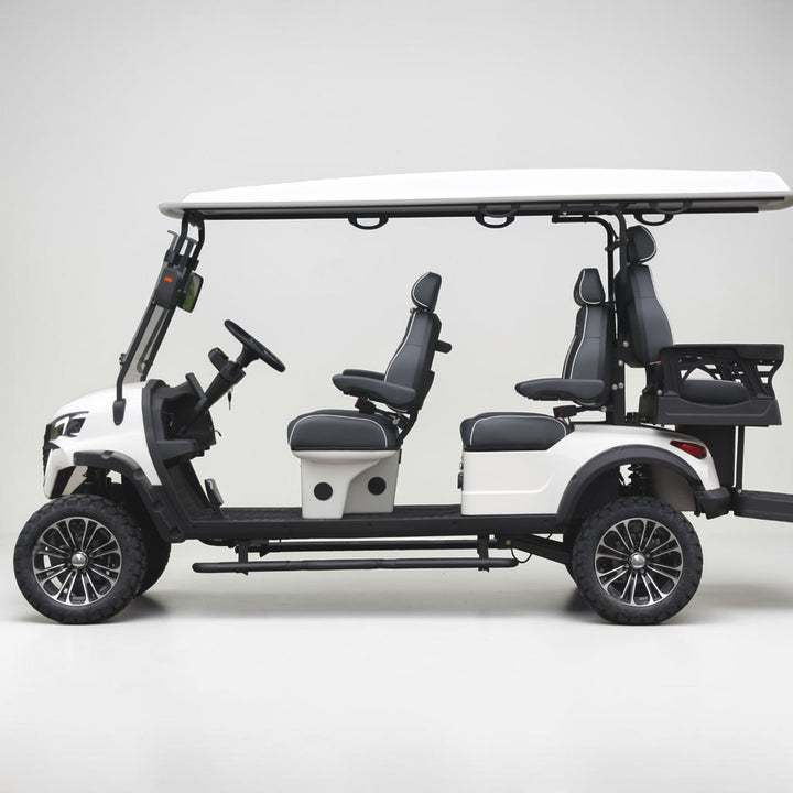 White 6 Seater Golf Cart With Dark Grey Seats - 206ah Extended Range Golf Cart LSV Lifted
