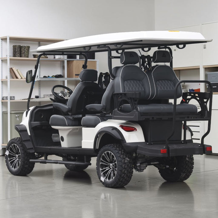White 6 Seater Golf Cart With Dark Grey Seats - 206ah Extended Range Golf Cart LSV Lifted