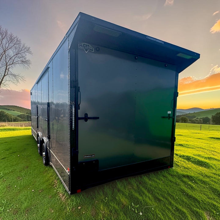 24ft Enclosed Trailer in Charcoal Gray, Blackout Pkg 8.5 x 24 Race Trailer with Spoiler and Gullwing