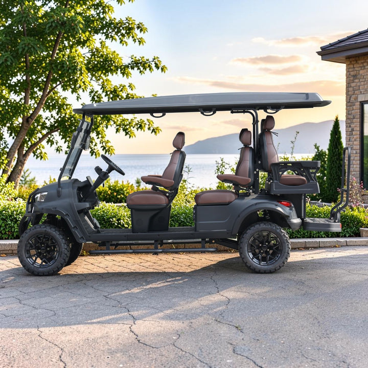 Black Grey 6 Seater Golf Cart With Dark Brown Seats - 206ah Extended Range Golf Cart LSV