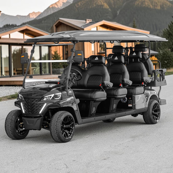 Jet Black 8 Seater Golf Cart With Black Seats - 206ah Extended Range Golf Cart LSV