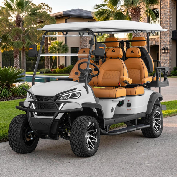 Signal White 6 Seater Golf Cart With Saddle Seats - 206ah Extended Range Golf Cart LSV
