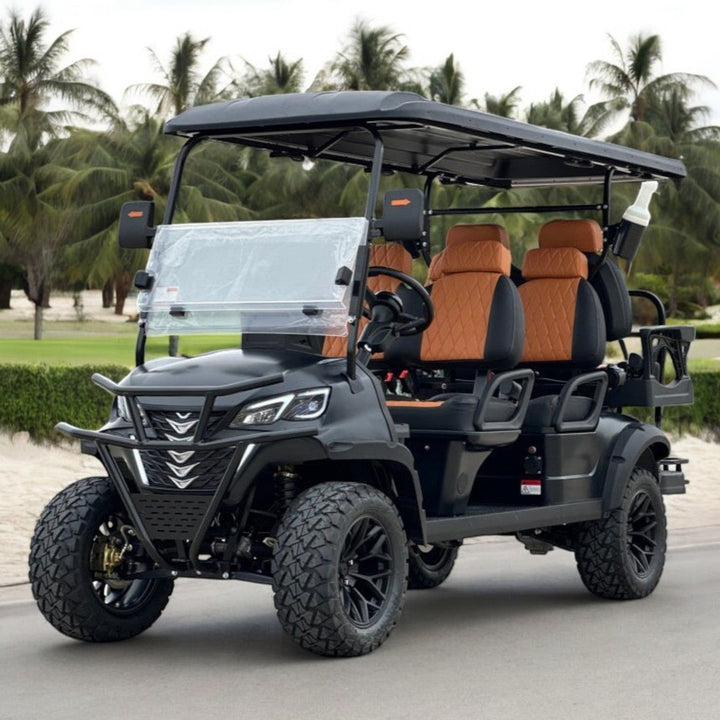 Matte Black 6 Seater Golf Cart w/ Black & Brown Seats - 72v Lithium