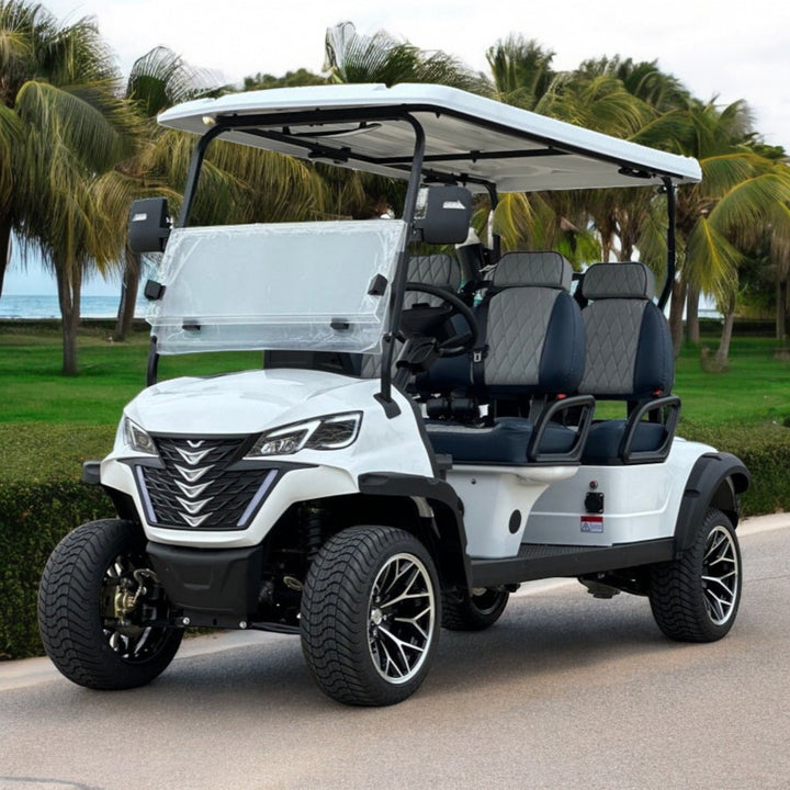 White 4 Seater Golf Cart 72v Lithium - Light Gray/Navy Seats